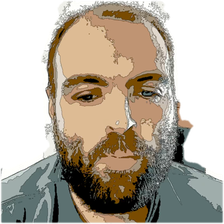 Anime portrait of Joshuah Rainstar with a full brown beard, blue-gray eyes, an olive shirt, and pink sparkles