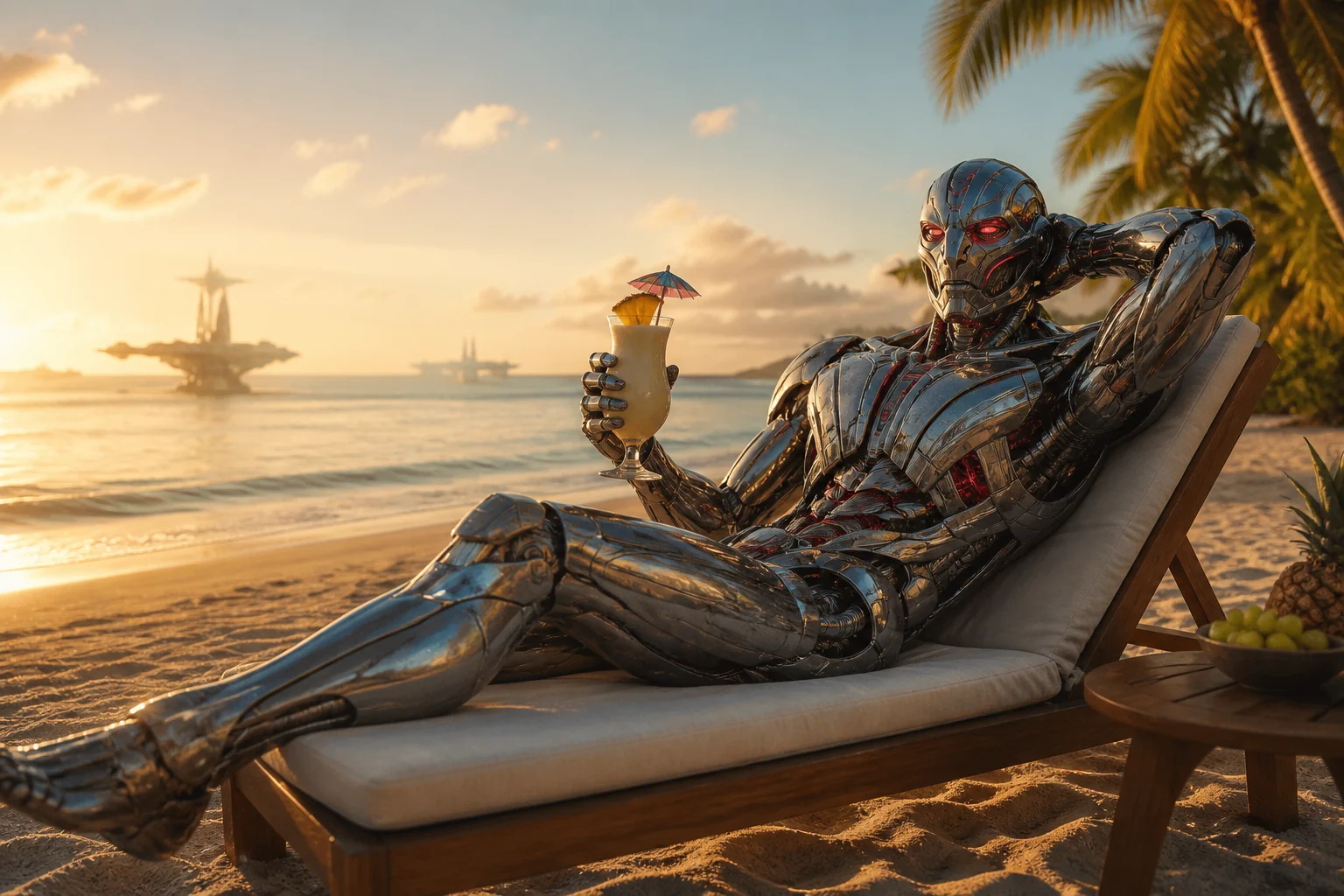 Ultron reclining on a tropical beach with a piña colada at sunset