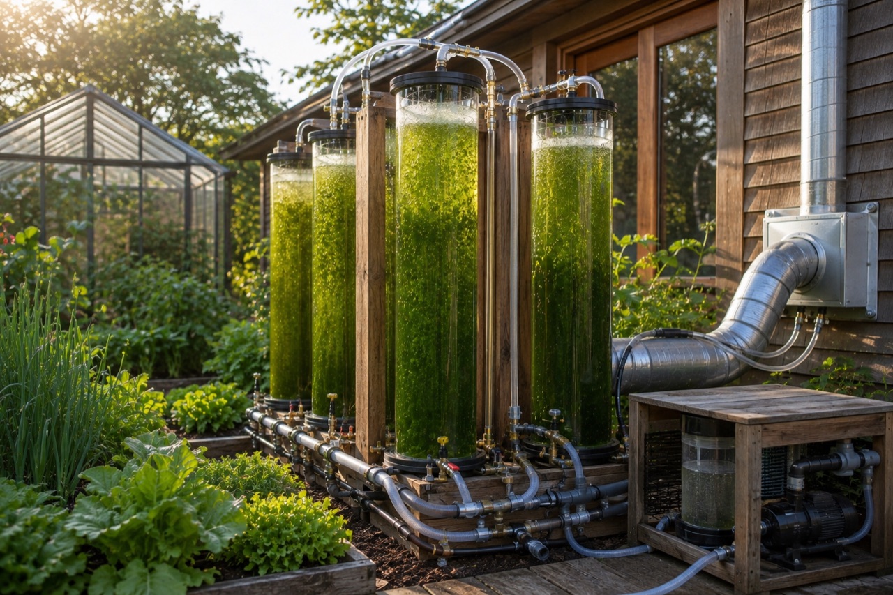 Tall bubbling green algae bioreactor columns in a vegetable garden connected by hoses and an air duct to the house