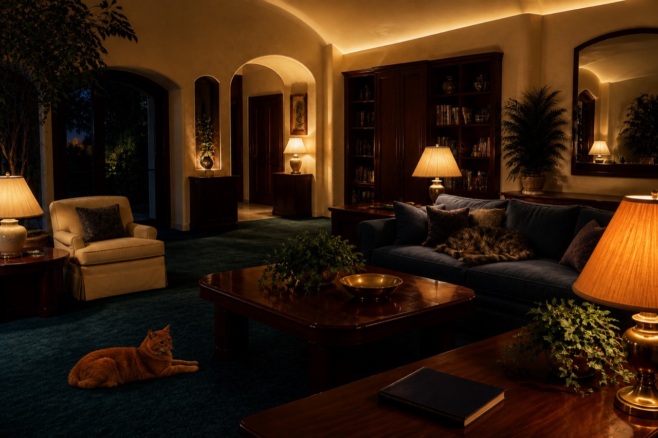 Warm evening sitting room with thick petrol blue-green carpet, mahogany furniture, concealed cove light, low lamps, plants, and two resting cats