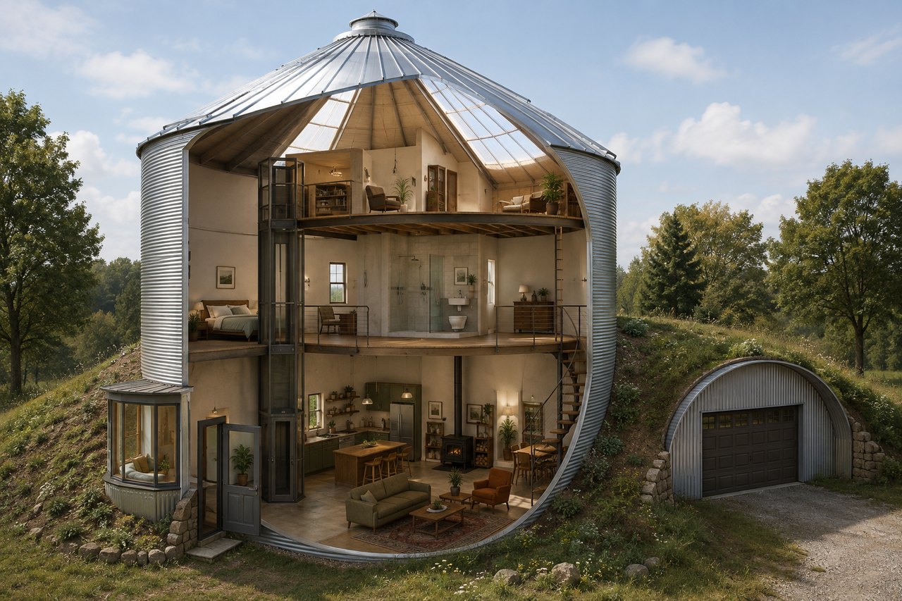 Architectural cutaway of a corrugated grain-silo guesthouse with two full storeys, a partial roof loft, central second-floor bathroom, elevator, first-floor bay and door through the earth berm, and a separate buried Quonset garage