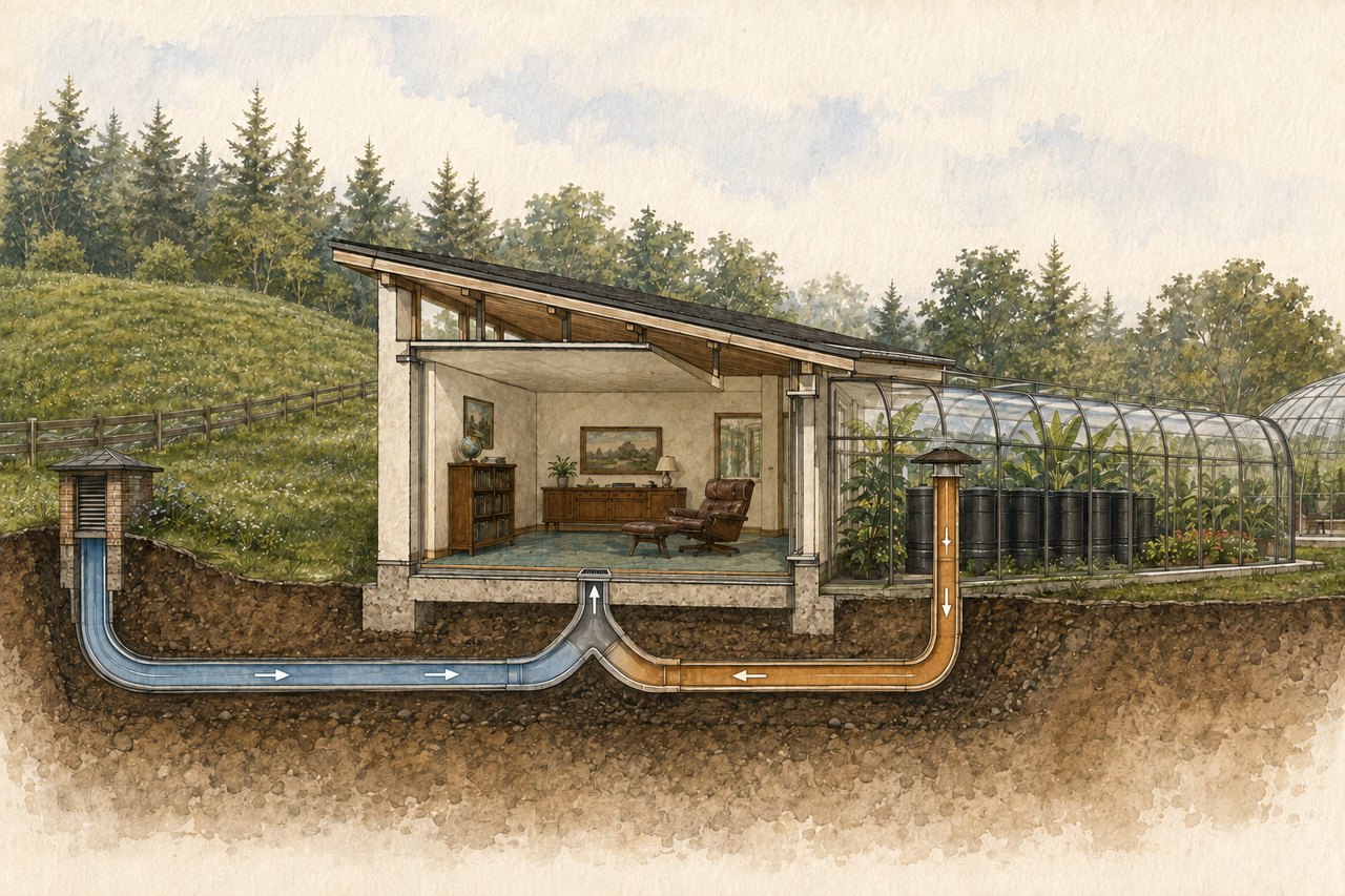 Watercolor side cutaway where a buried cool-air duct from a distant brick intake and a warm duct from the greenhouse top join in one mixing chamber and rise into the earth-contact house