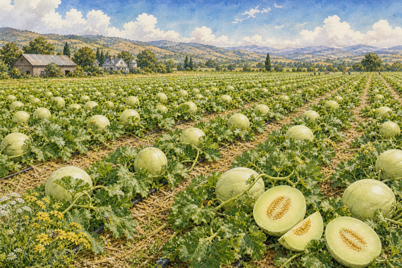 Watercolor view across many deep rows of pale green honeydew melons growing on vines in an abundant farm field
