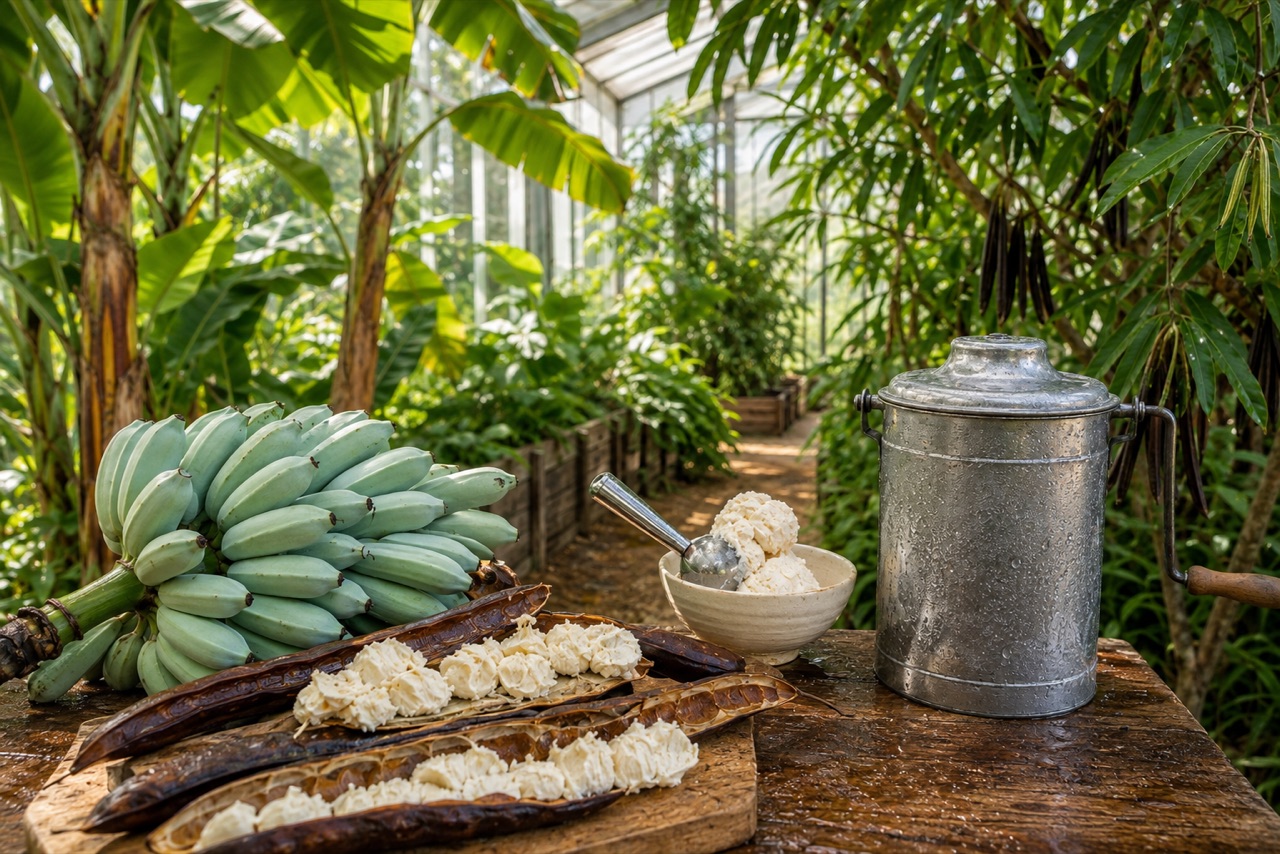 Ice cream bananas, open ice cream bean pods, a hand-cranked churn, and a bowl of pale ice cream in a tropical greenhouse