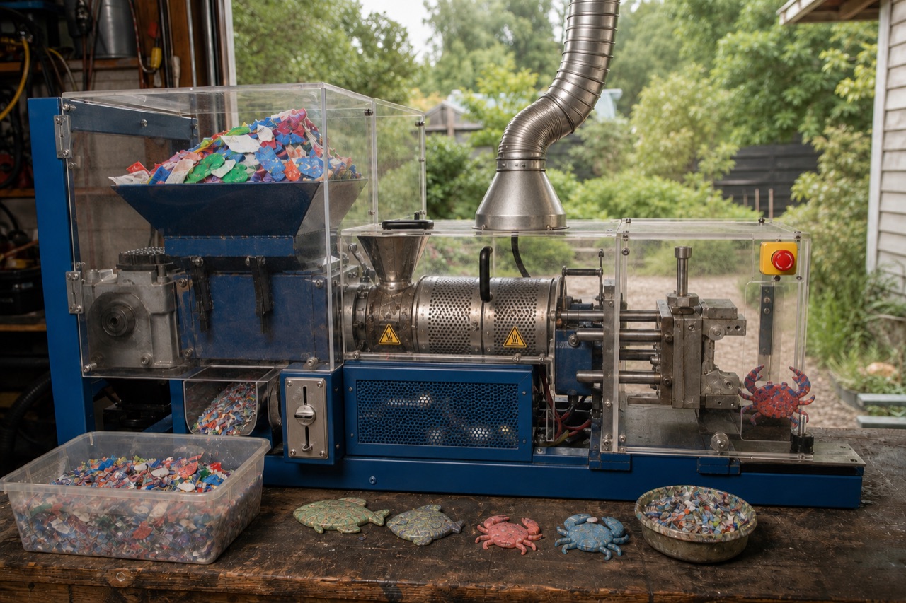 Compact blue plastic shredder, melter, and injection mold with colorful recycled crab and fish pieces on a workshop bench
