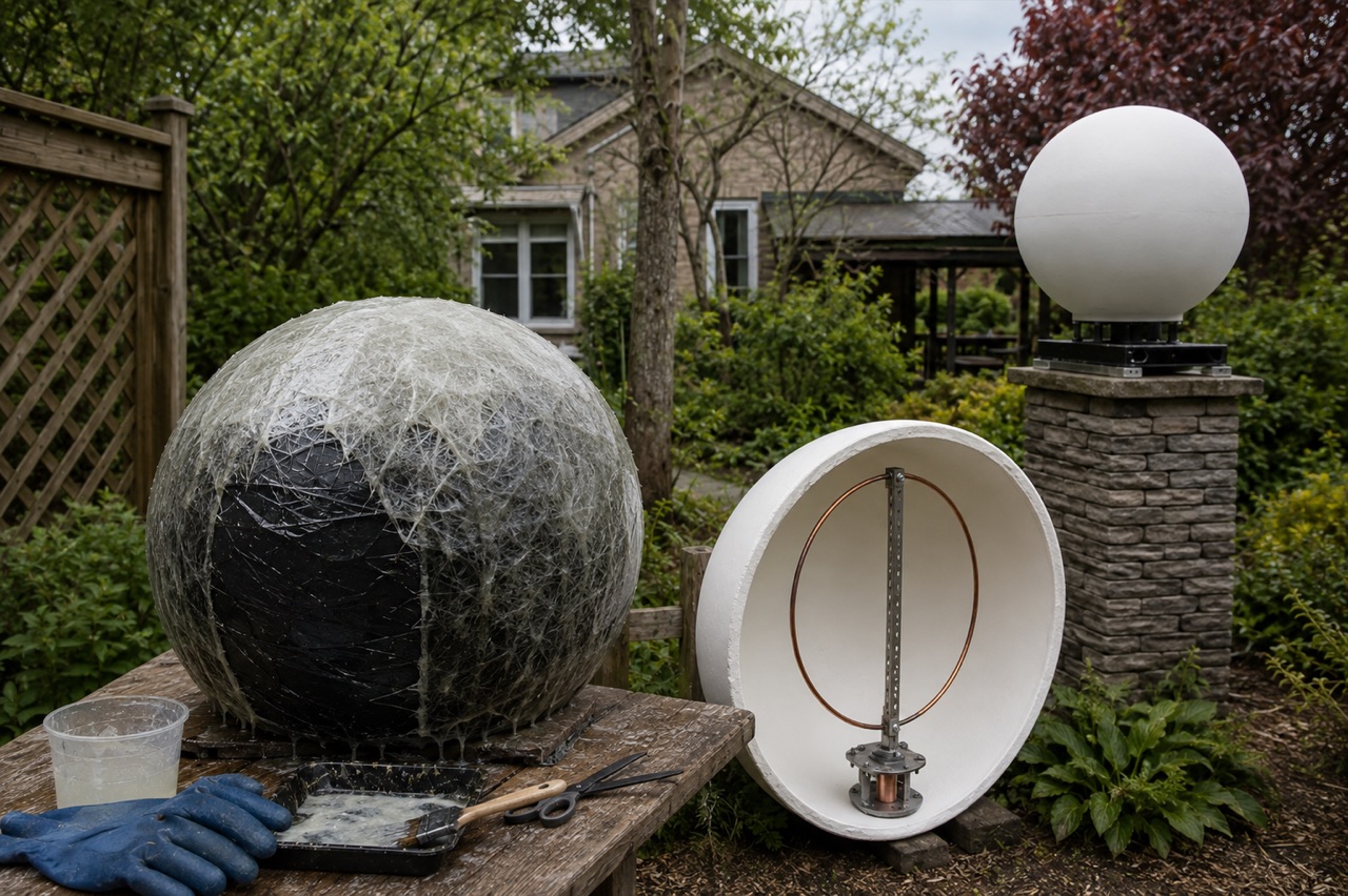 Fiberglass being formed over a wrapped exercise ball beside an open loop-antenna shell and a finished white radome on a stone pillar