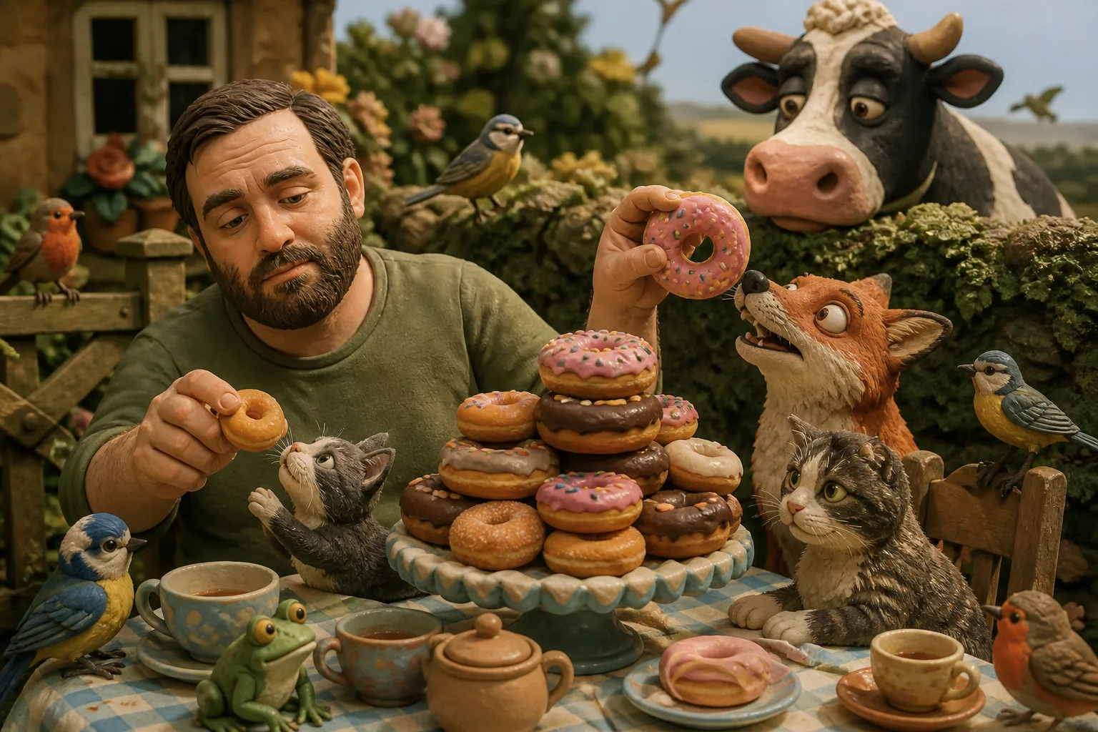 Clay Joshuah shares a tower of donuts with cats, birds, a frog, a fox, and a cow at a garden tea table