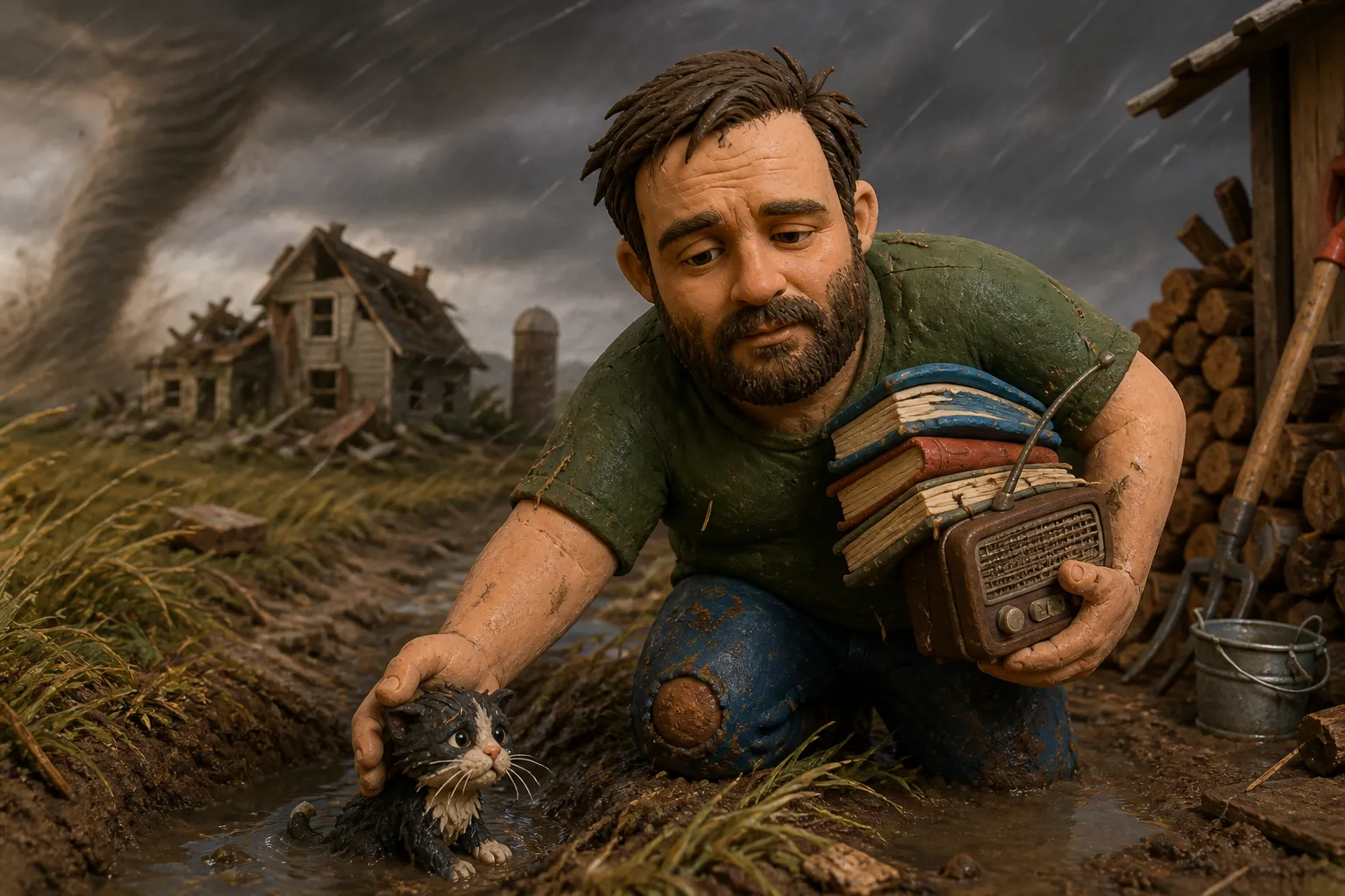 A rain-soaked clay Joshuah rescues a kitten while carrying books and a radio past a tornado-damaged farmstead