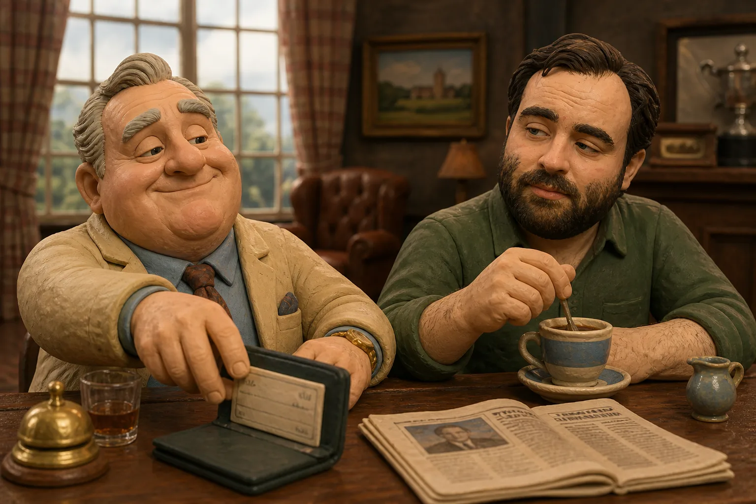 A delighted clay country-club patron reaches for his checkbook while Joshuah Rainstar stirs his tea