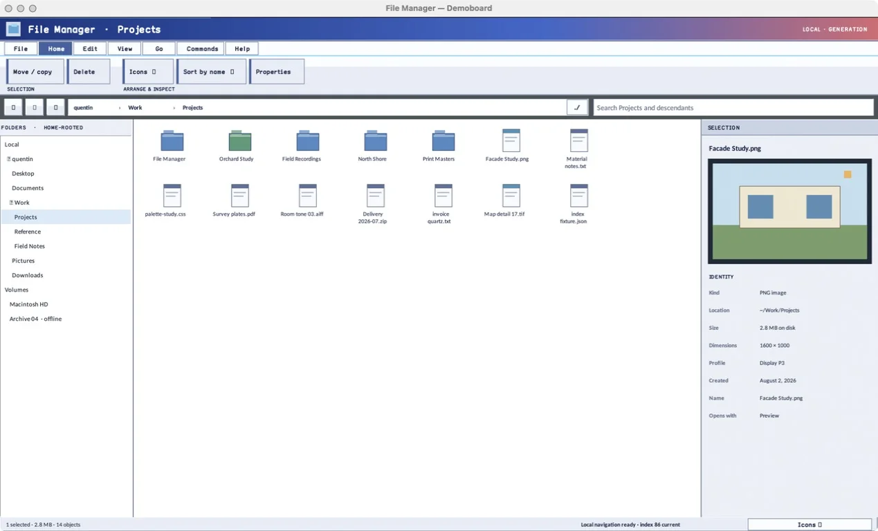 Native File Manager folder surface with home tree, project contents, selected-image preview, and identity properties