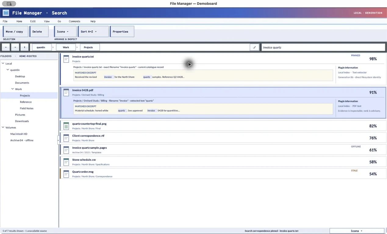 Native File Manager search showing exact filename, extracted PDF evidence, offline and stale results, scores, and matched excerpts