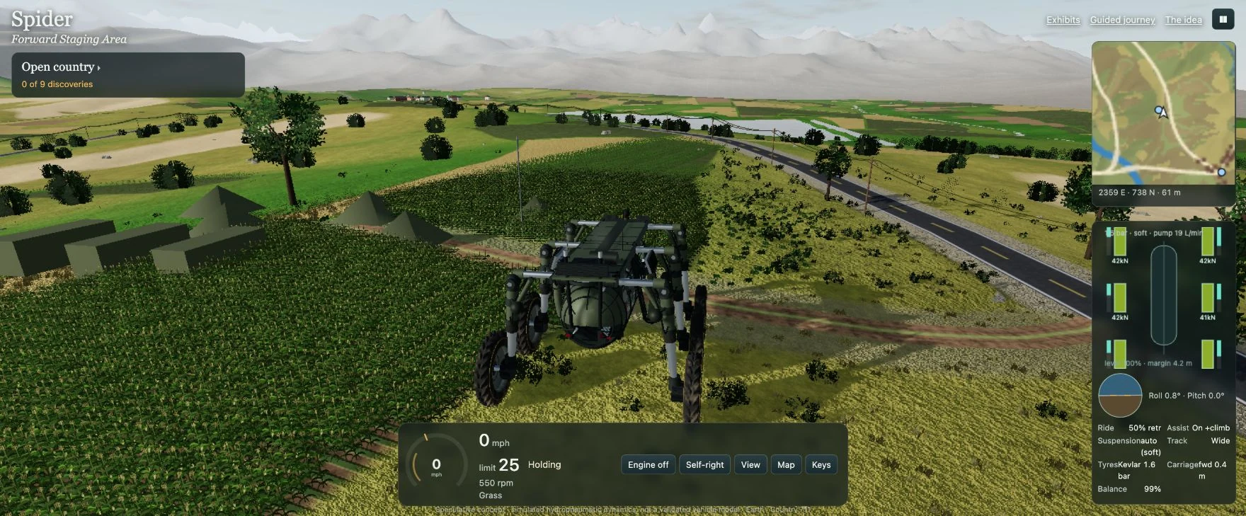 The six-wheeled Spider scout in its generated outdoor driving world.