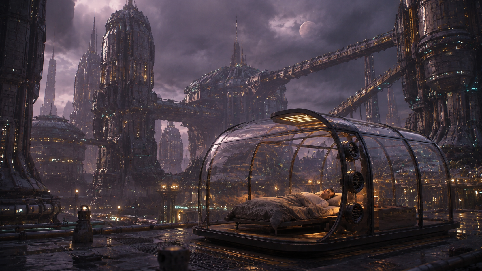 Transparent sleeping pod amid immense alien industrial structures and a strange atmosphere