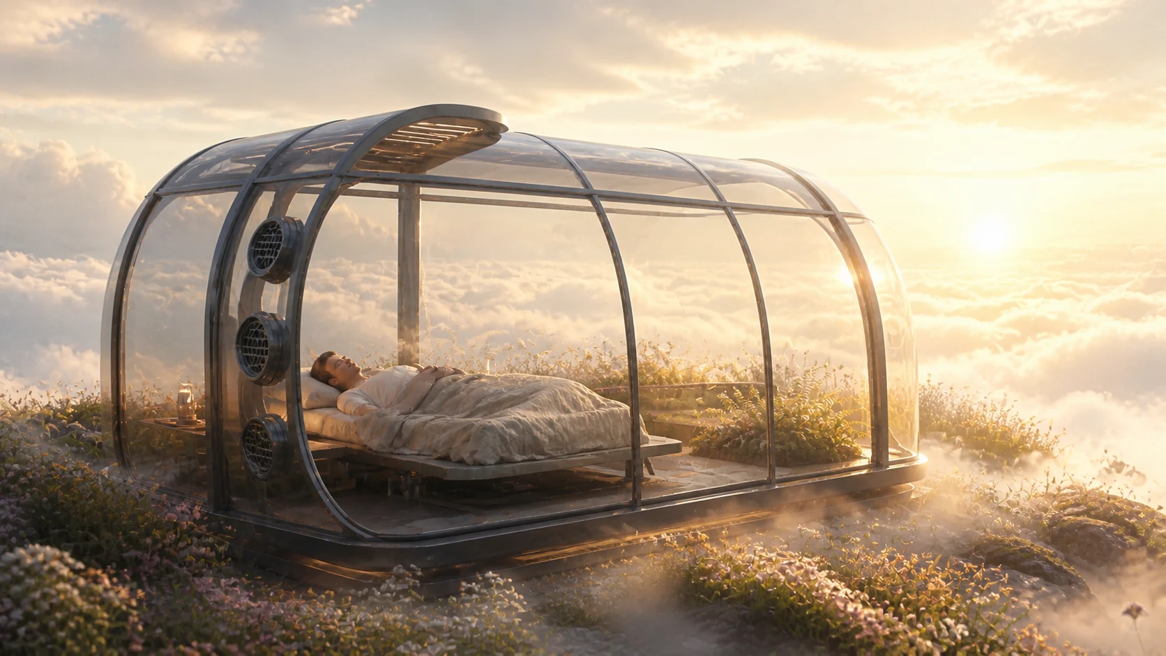 Transparent sleeping pod in a luminous heaven of clouds, light, and vast open sky