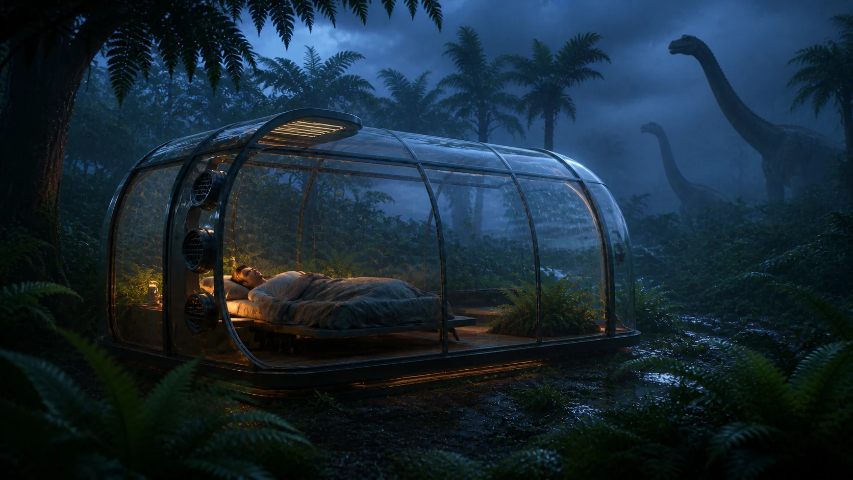 Transparent sleeping pod in a misty Jurassic fern forest with sauropods beyond the sleeping occupant