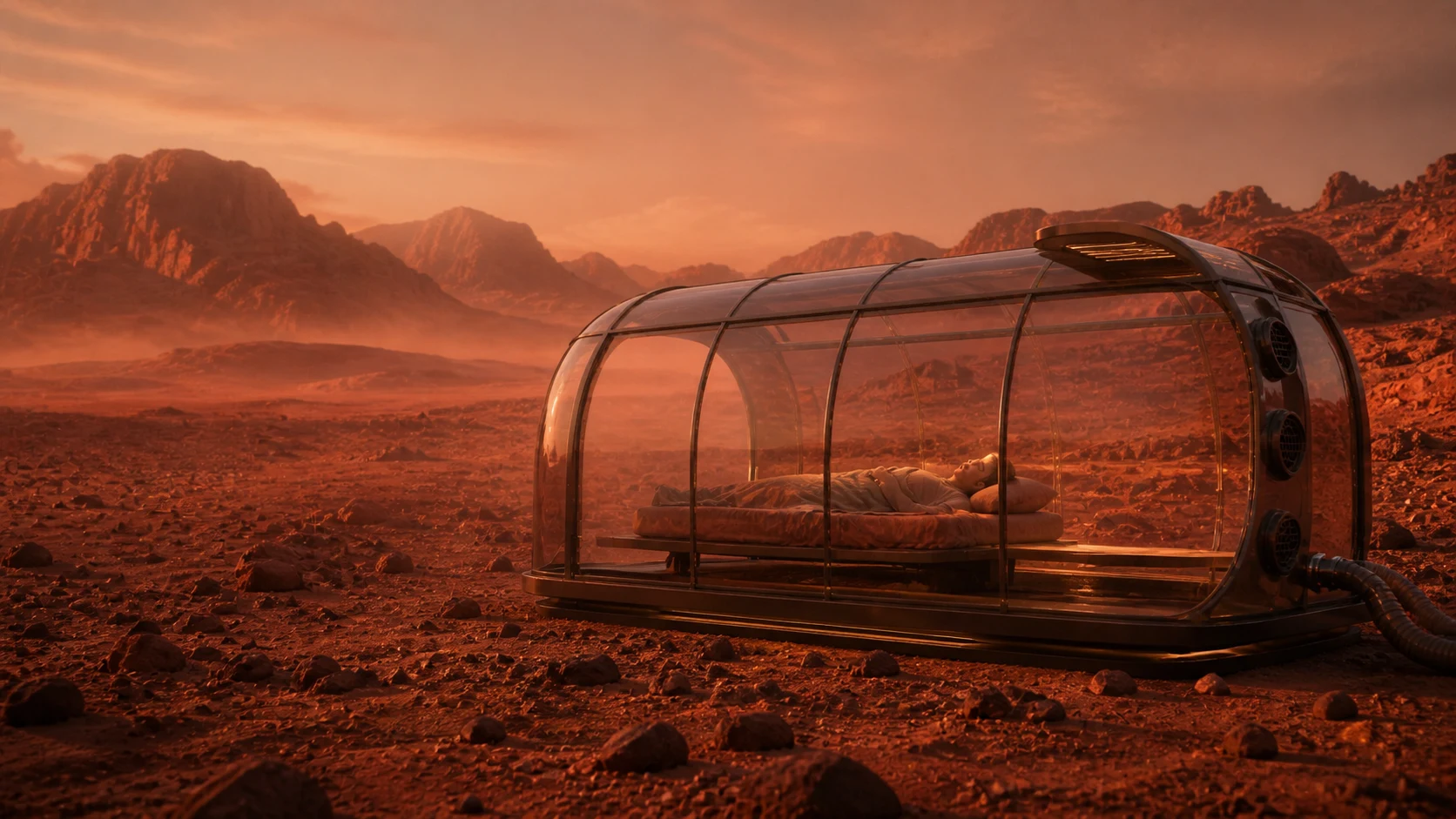 Transparent sleeping pod on Mars at dawn with a sleeping occupant beneath the red horizon