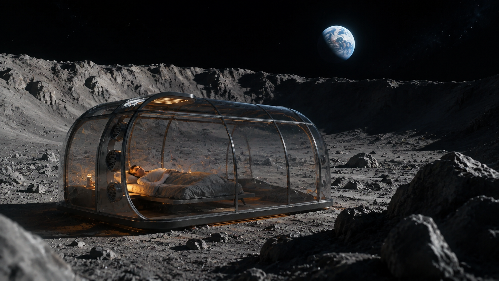 Transparent sleeping pod on the Moon with Earth rising in the black sky