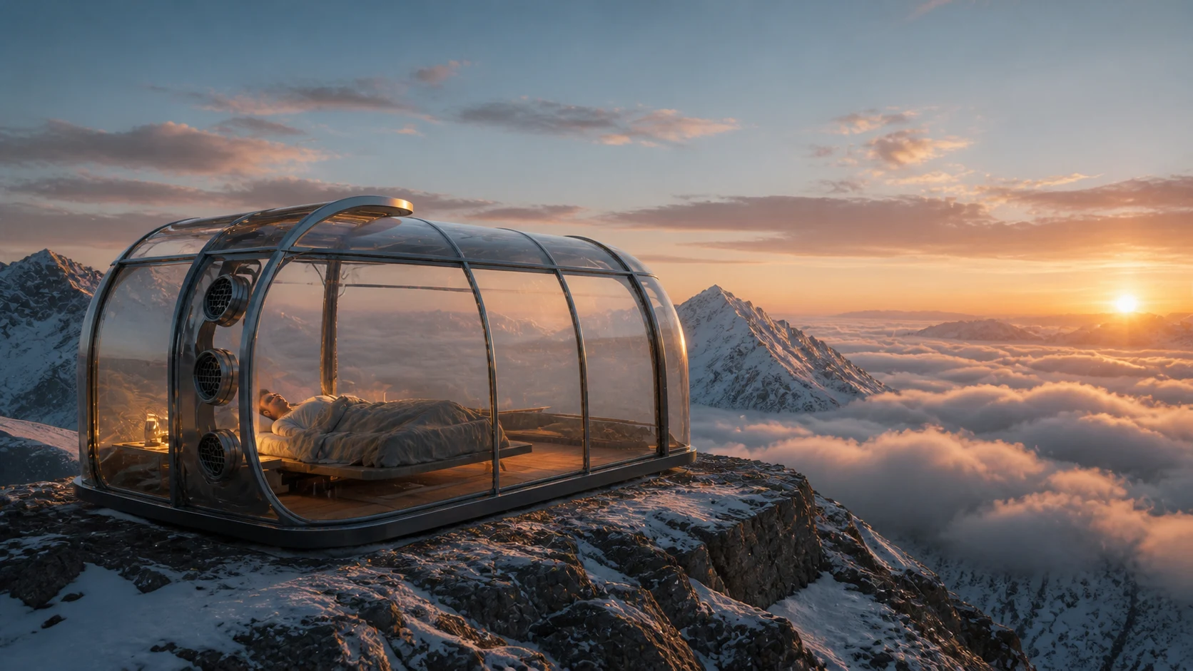 Transparent sleeping pod on a snowy mountain summit above the clouds at sunrise
