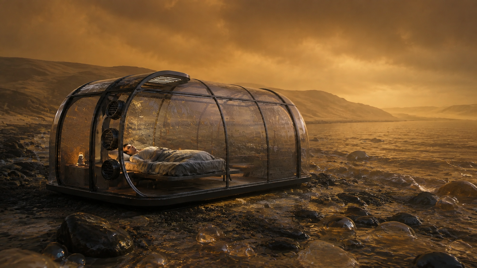 Transparent sleeping pod on Titan beside an amber methane sea