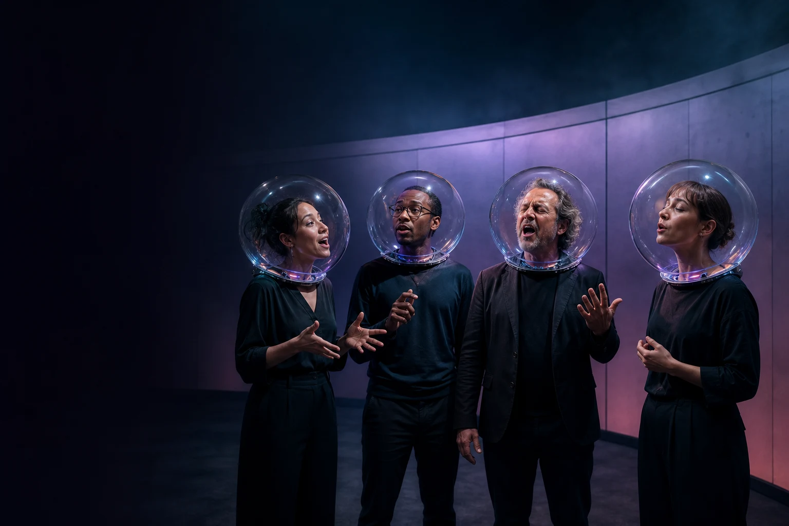 Four ordinary people perform different expressive vocal styles through clear acoustic helmets