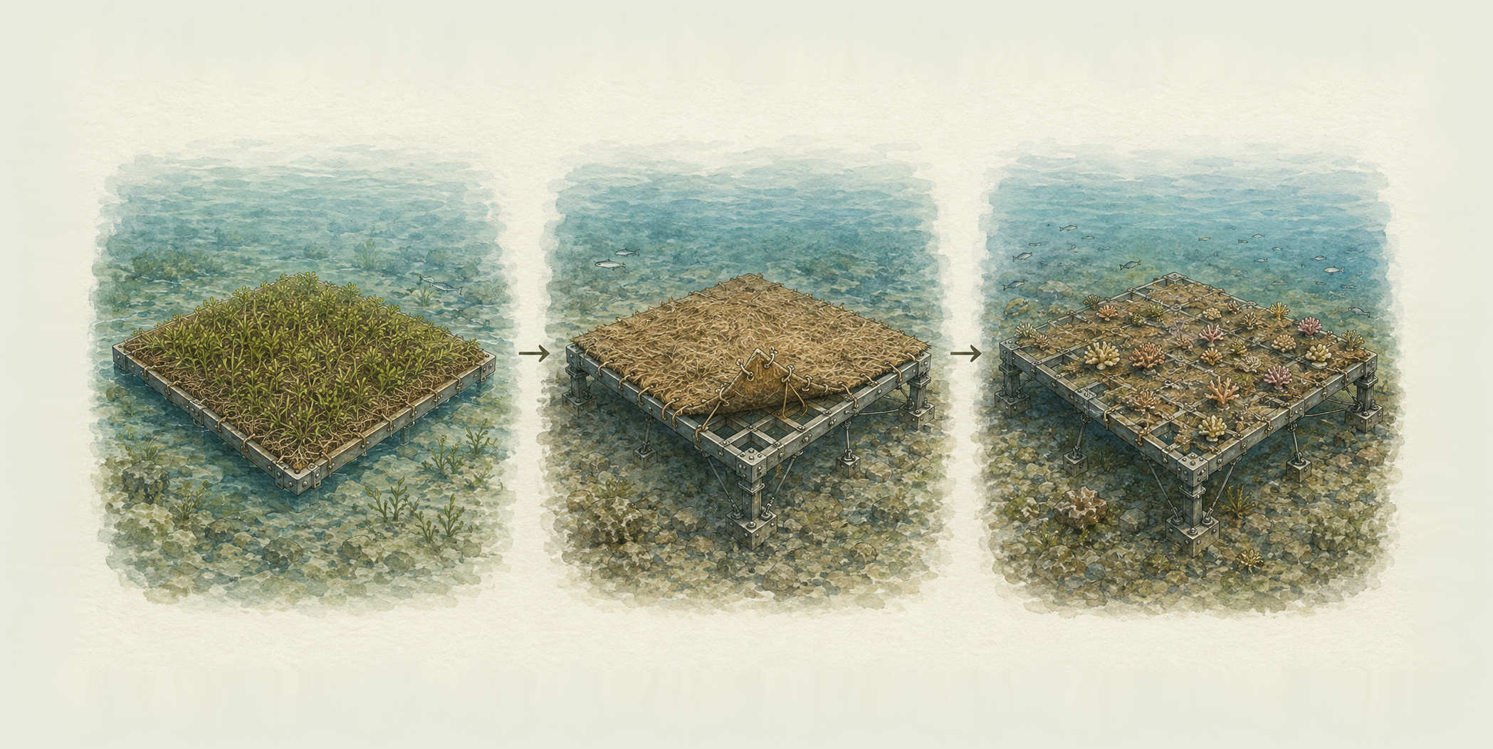 Three stages: green cultivation on a fibrous sheet; spent brown sheet laced onto an anchored skeleton; the same skeleton supporting young corals as the covering biodegrades