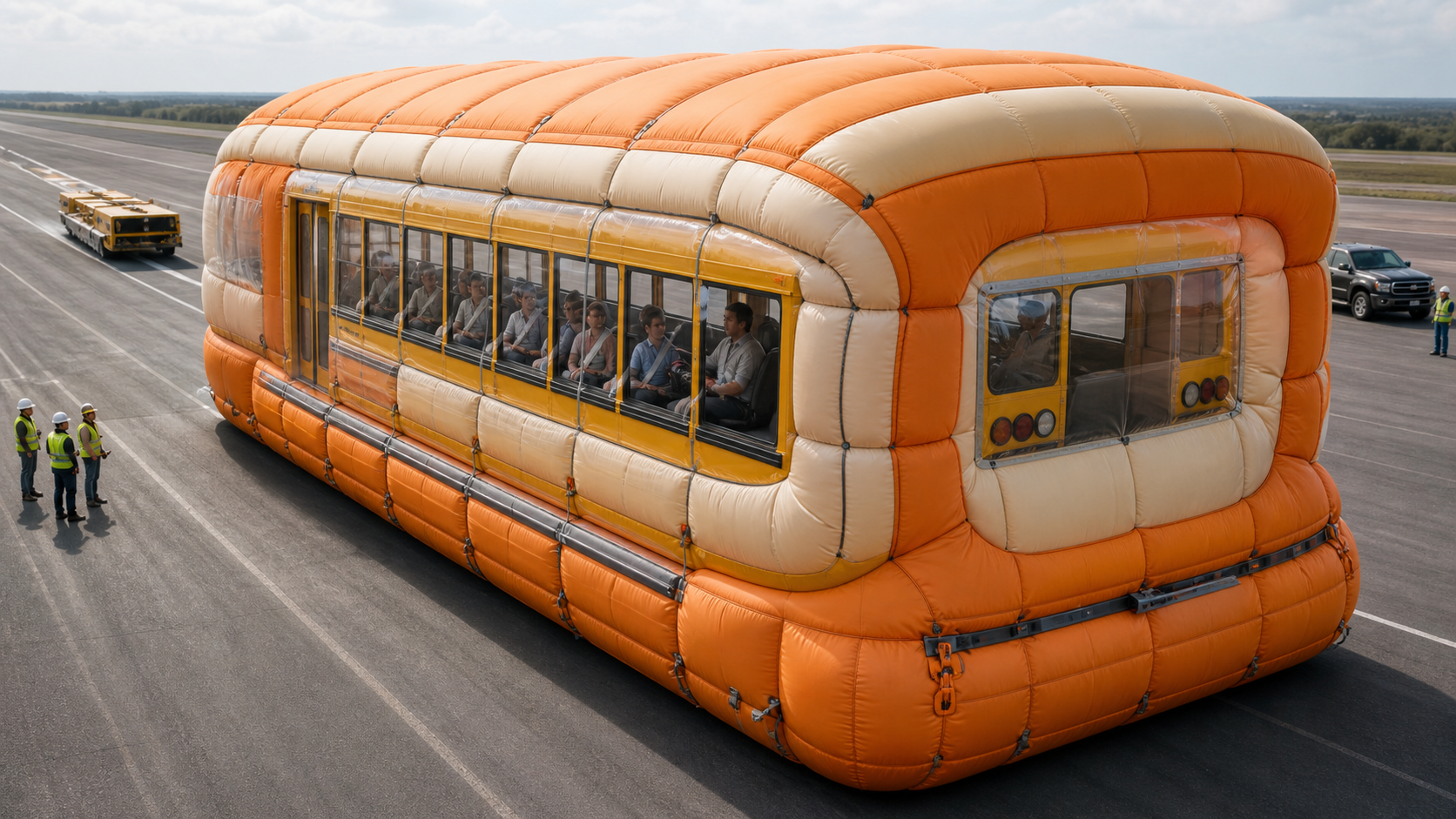 Concept rendering of a school bus surrounded by a thick segmented inflatable envelope on a test ground