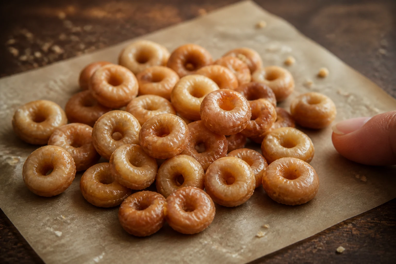 A pile of tiny glazed yeast ring donuts beside a fingertip that shows their two-inch scale
