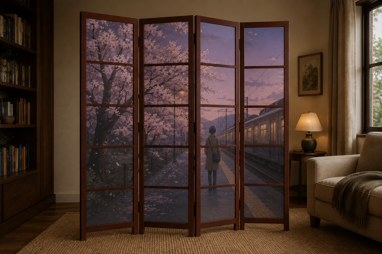The same four-leaf e-shoji in mahogany, displaying an original anime train-platform scene with cherry blossoms in a reading nook