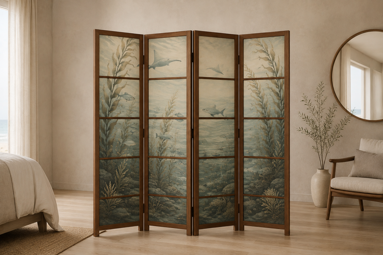 The same e-shoji in walnut, displaying kelp, fish, and rays across twenty matte squares in a coastal bedroom