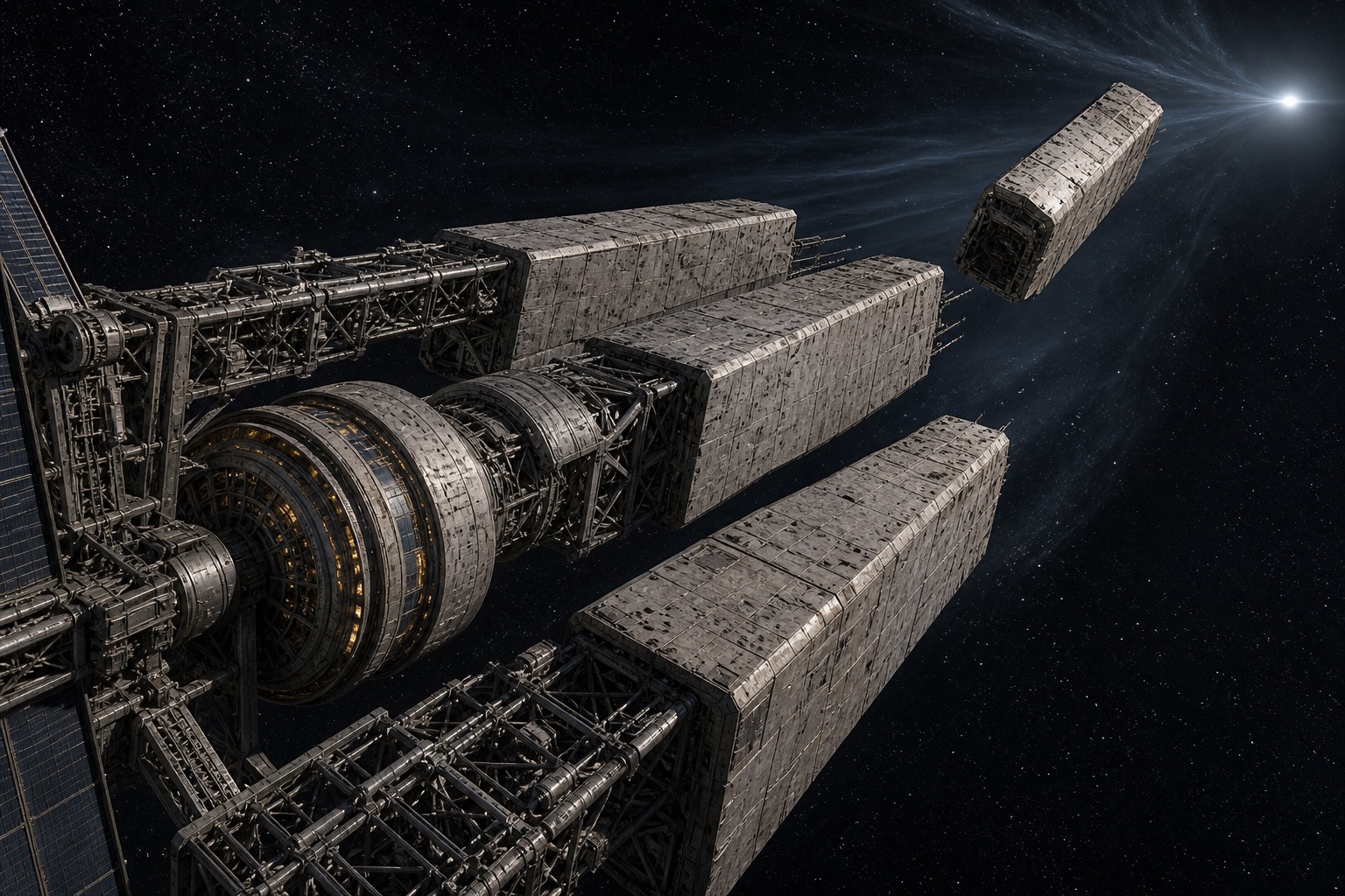 Concept illustration showing a rotating habitat, pitted rectangular shield modules, and one spent module separating during deceleration