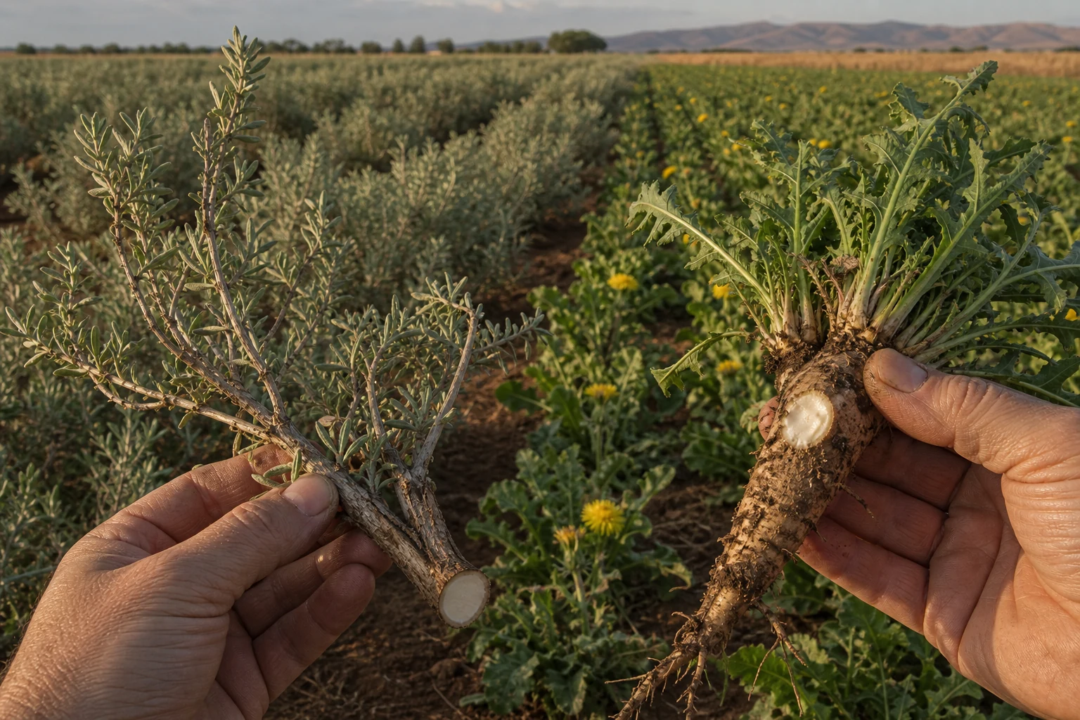 Guayule shrubs and Russian dandelion rows meet in an agricultural research plot