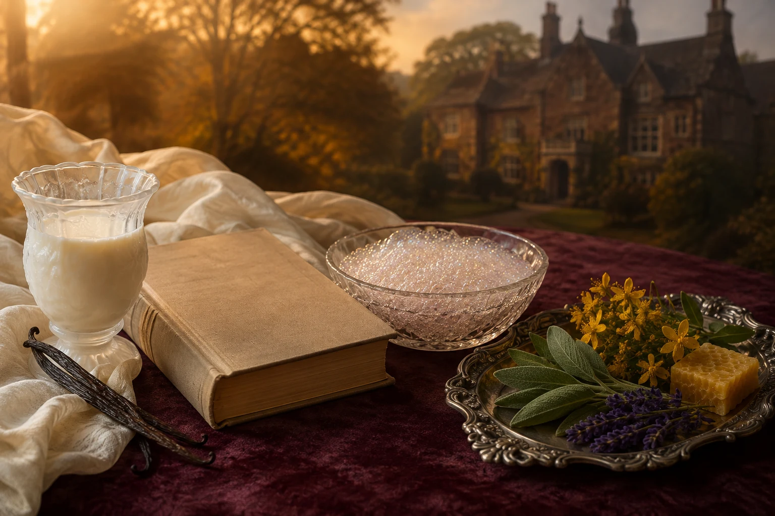 Milk glass and vanilla, a clothbound book, bubble bath, and herbs with beeswax on a silver tray.