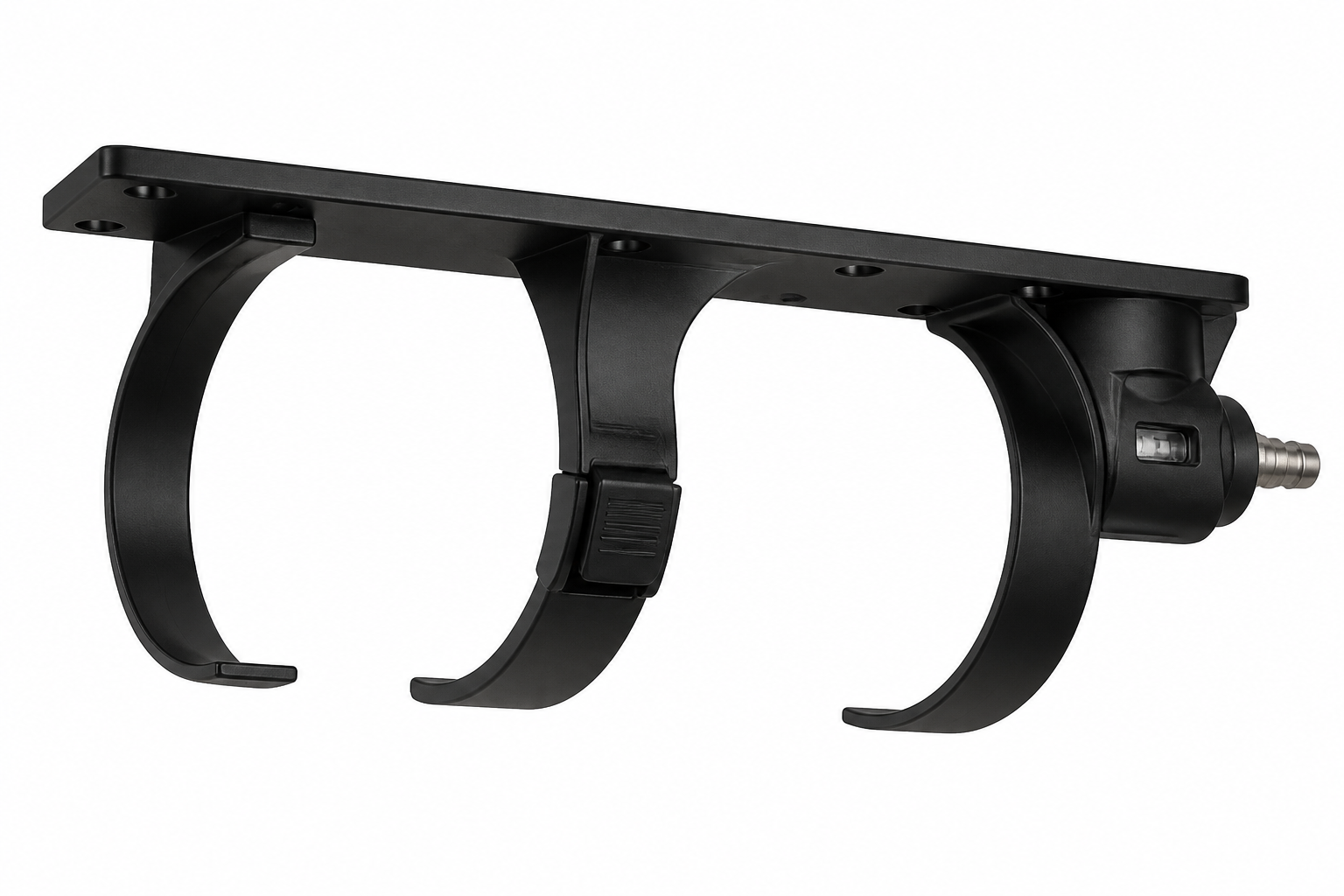 Empty black horizontal ceiling cradle with retaining bands and an adapter at the right end.