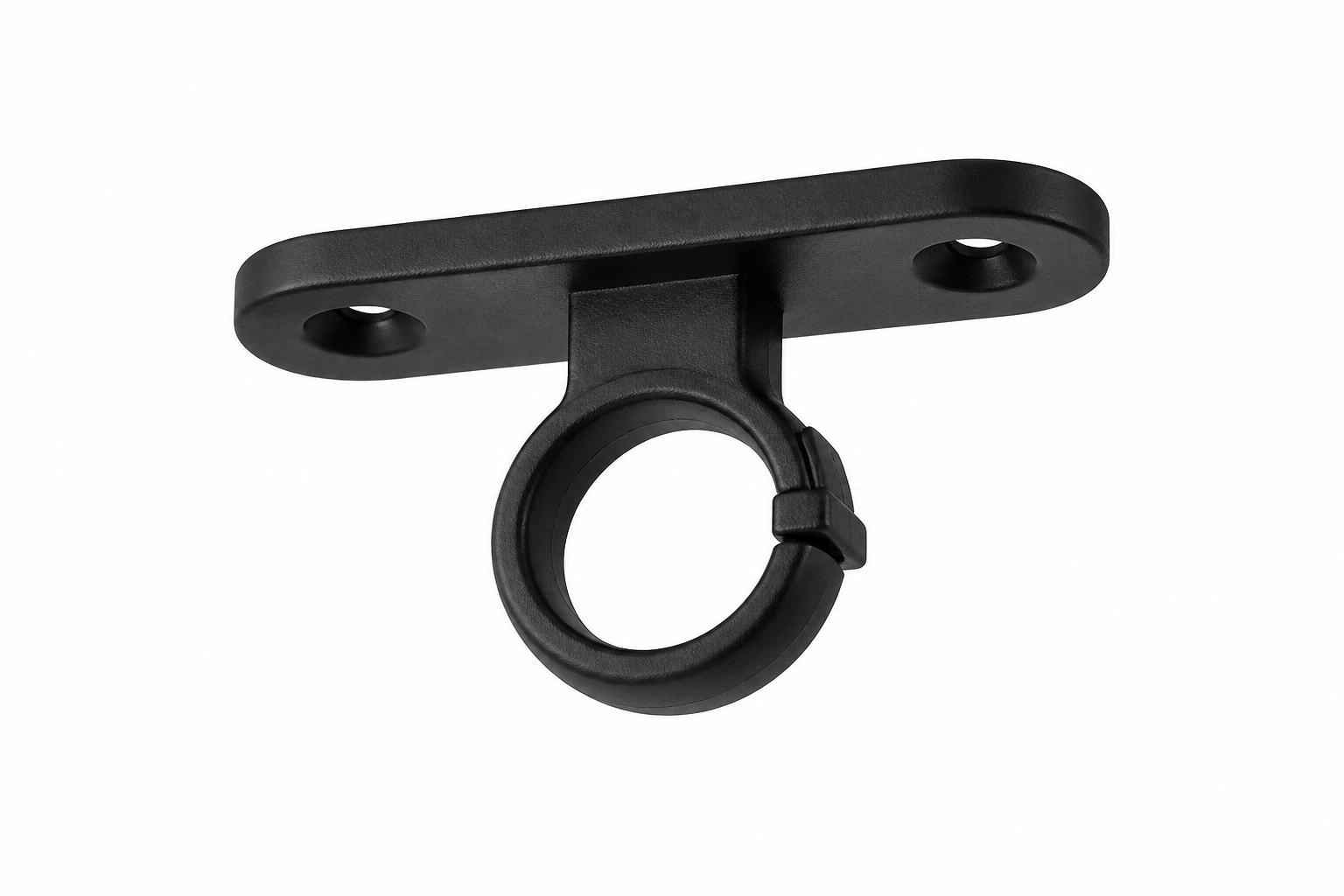 Small black ceiling plate with a round hose guide suspended beneath it.