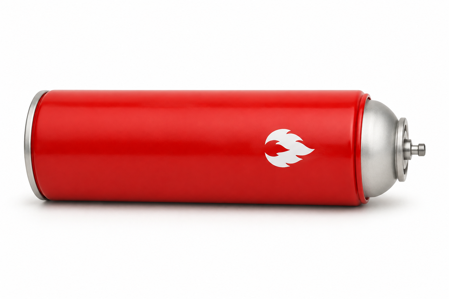 Large red disposable suppressant bottle lying horizontally, valve pointing right.