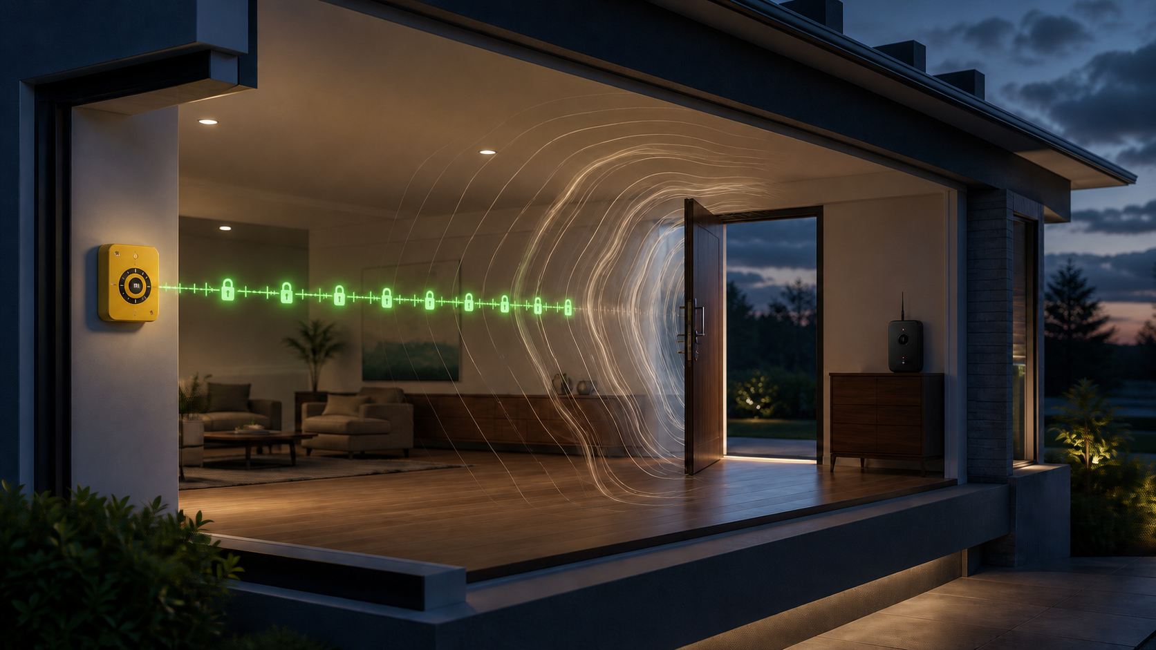 Cutaway room where an opening door creates a sharp pressure wave, ending a stream of encrypted pulses from a calibrated sensor before they reach a now-silent home receiver