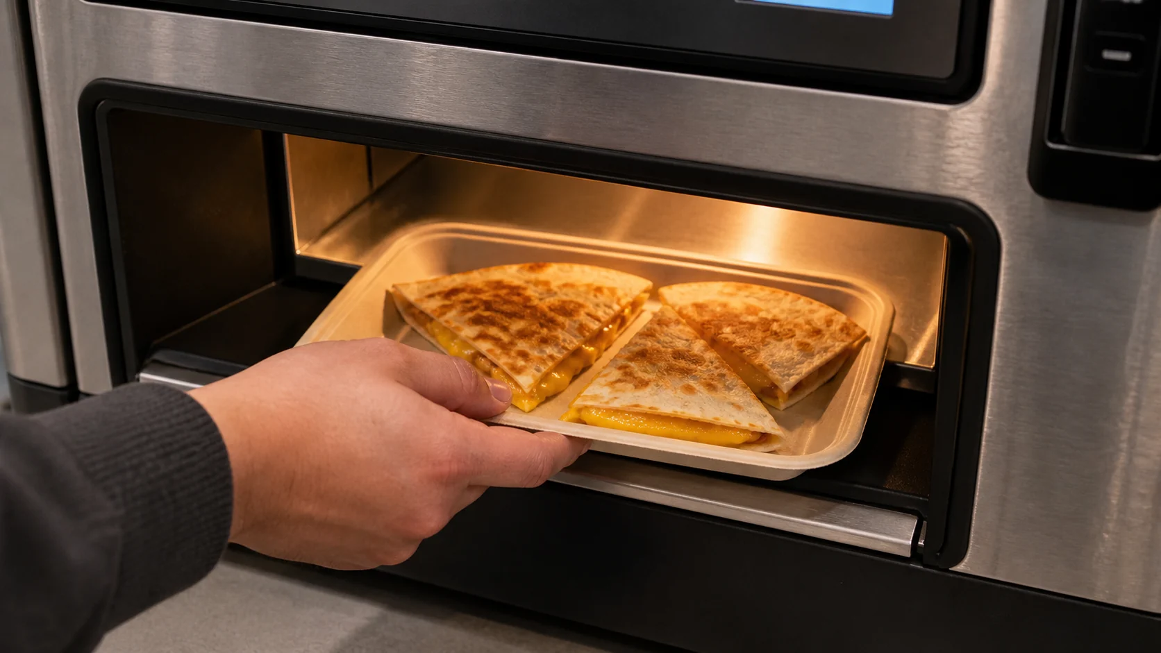 A hand taking a hot tray with three toasted quesadilla wedges from the machine pickup bay