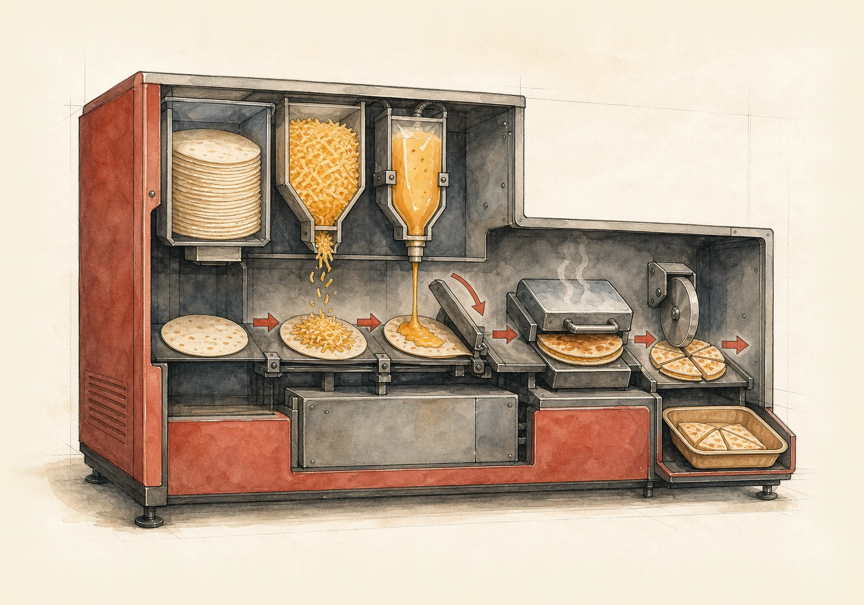 Watercolor cutaway of a vending machine feeding a tortilla, adding cheese and queso, folding, pressing, cutting, and delivering a tray