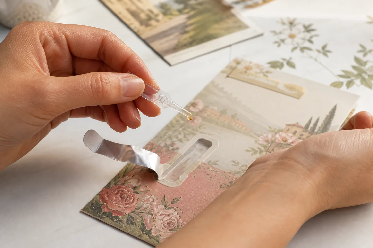 Close view of a person removing a tiny clear one-use fragrance applicator from a foil-protected postcard and holding its single amber drop above a wrist