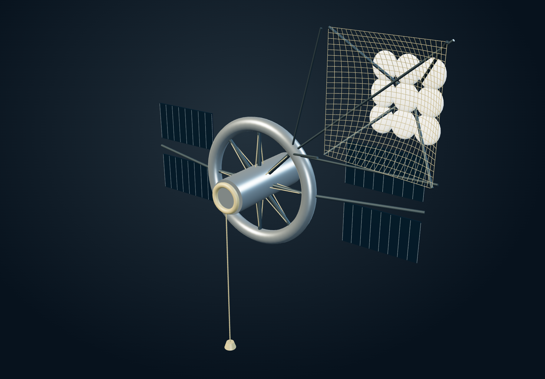 Orbital hub with habitat ring, tether bearing, solar wings and an offset flexible net with padded cradle