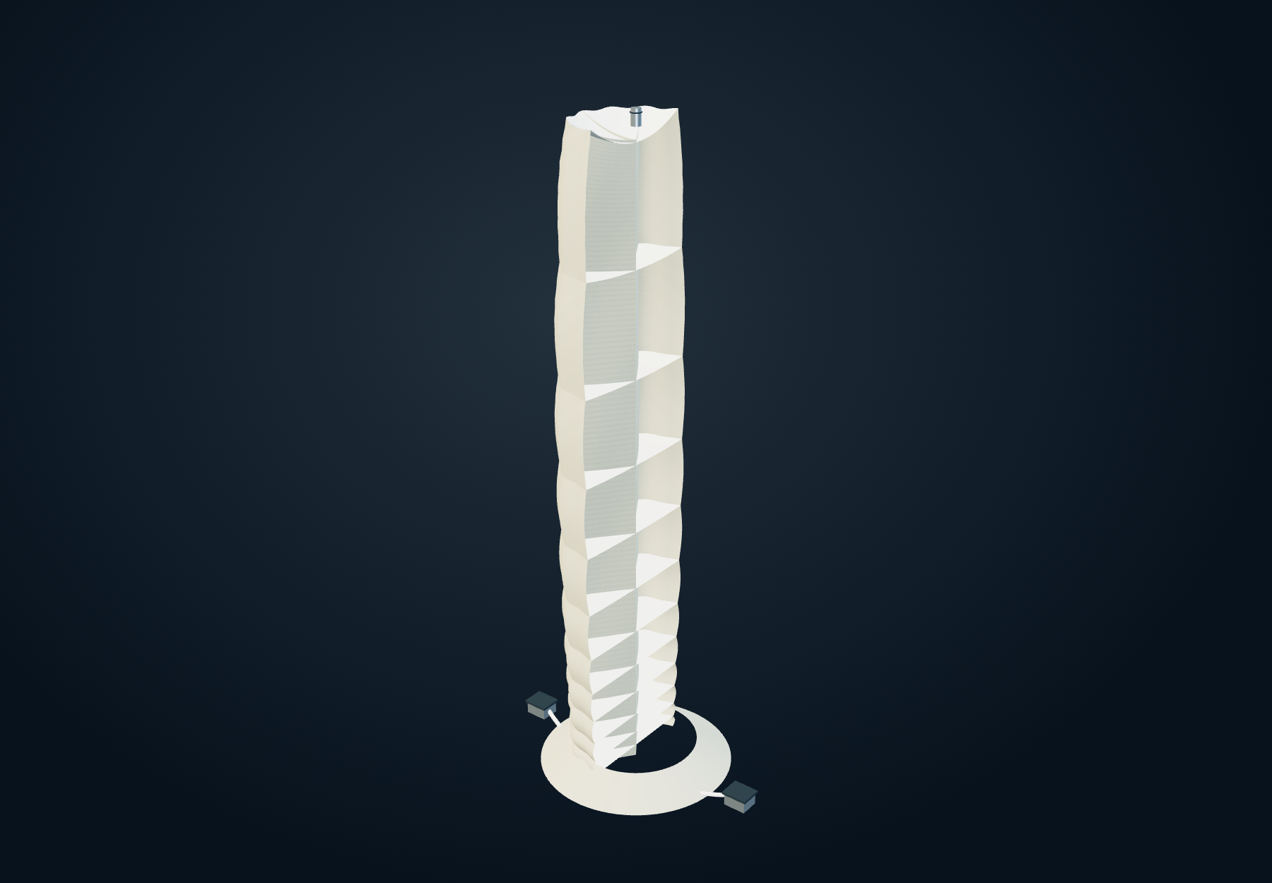 Cutaway of a lobed fabric recovery envelope with sagging flexible partitions and compressed upper cells