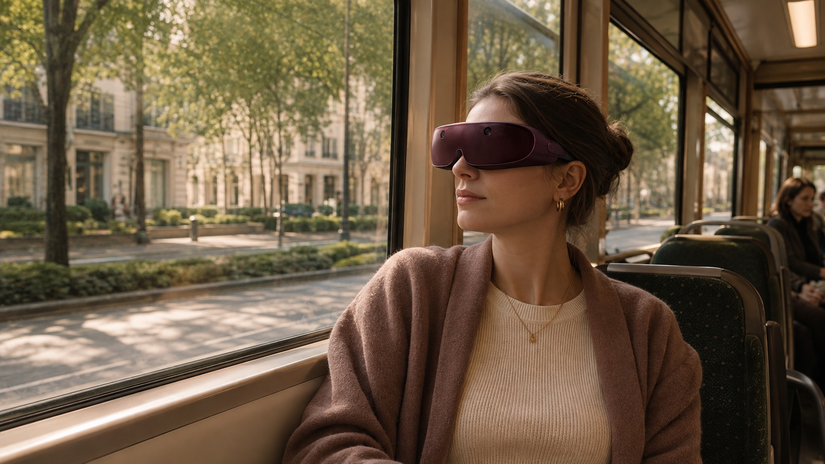 A woman wearing the proposed camera visor while seated on a tram beside a leafy boulevard
