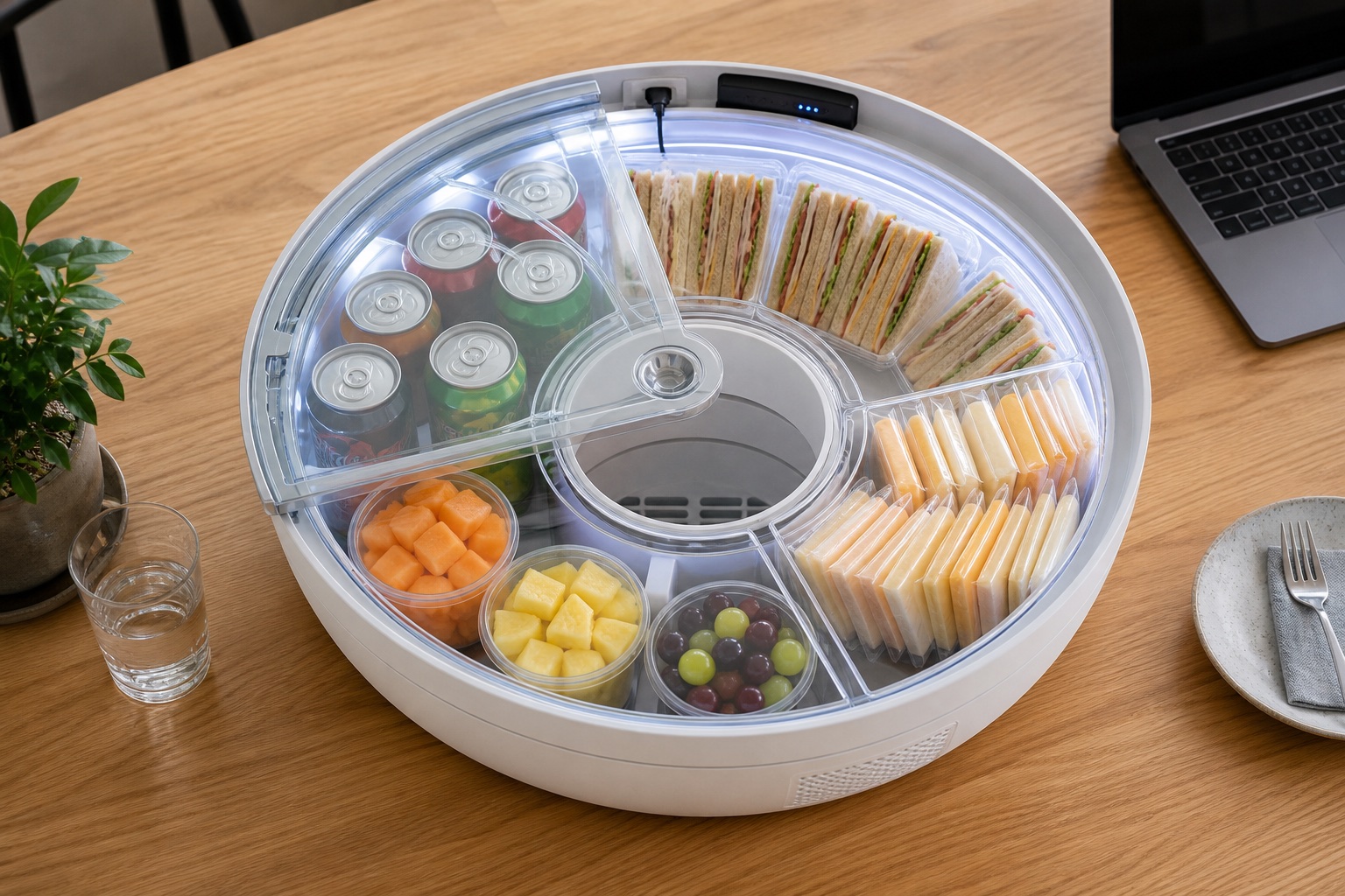 Overhead concept view of the round cooler with one transparent lid segment slid aside and snacks arranged radially in a single layer