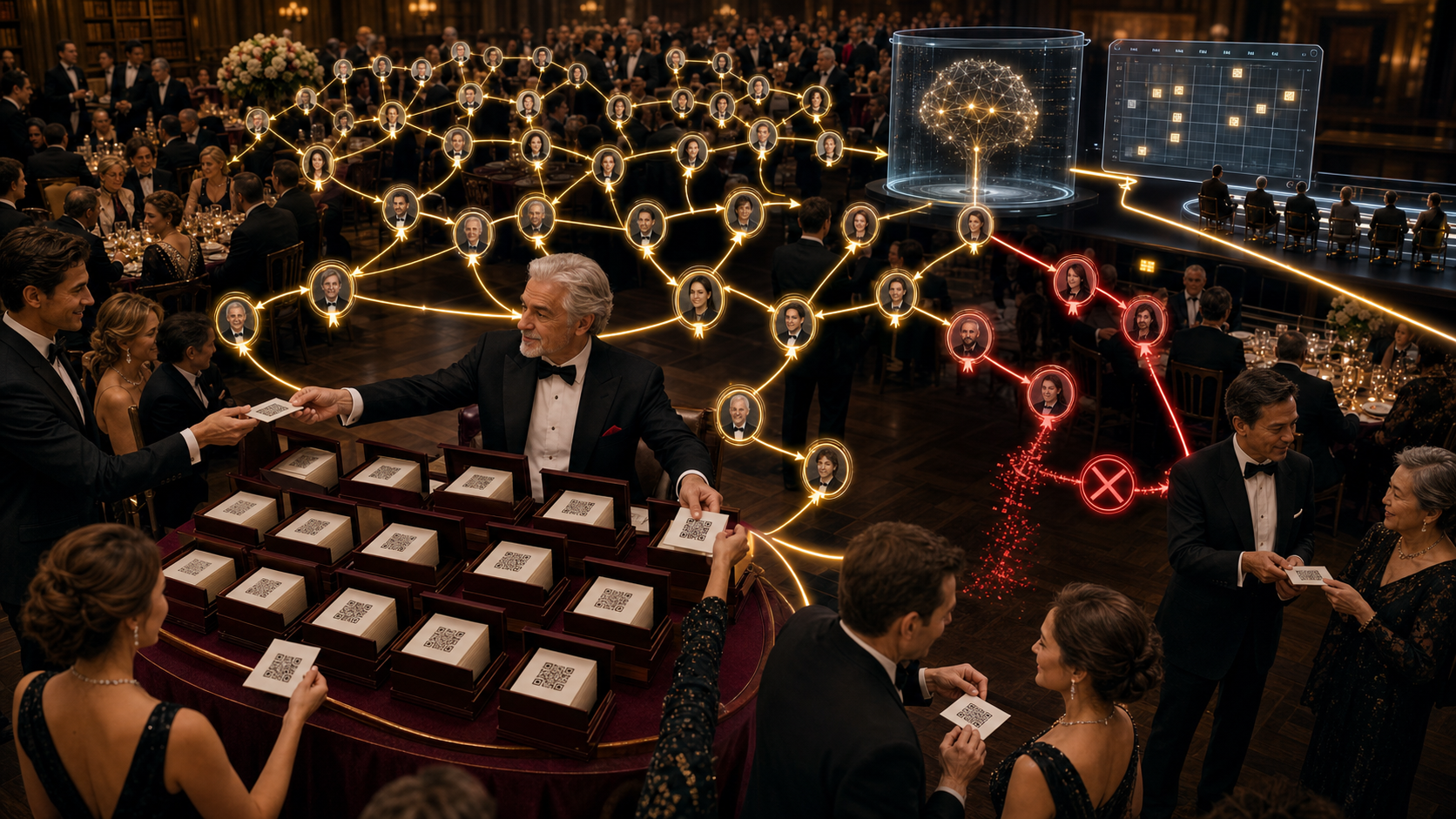 A principal distributes boxed invitation cards while referral chains carry requests toward AI triage, calendars, and human delegates