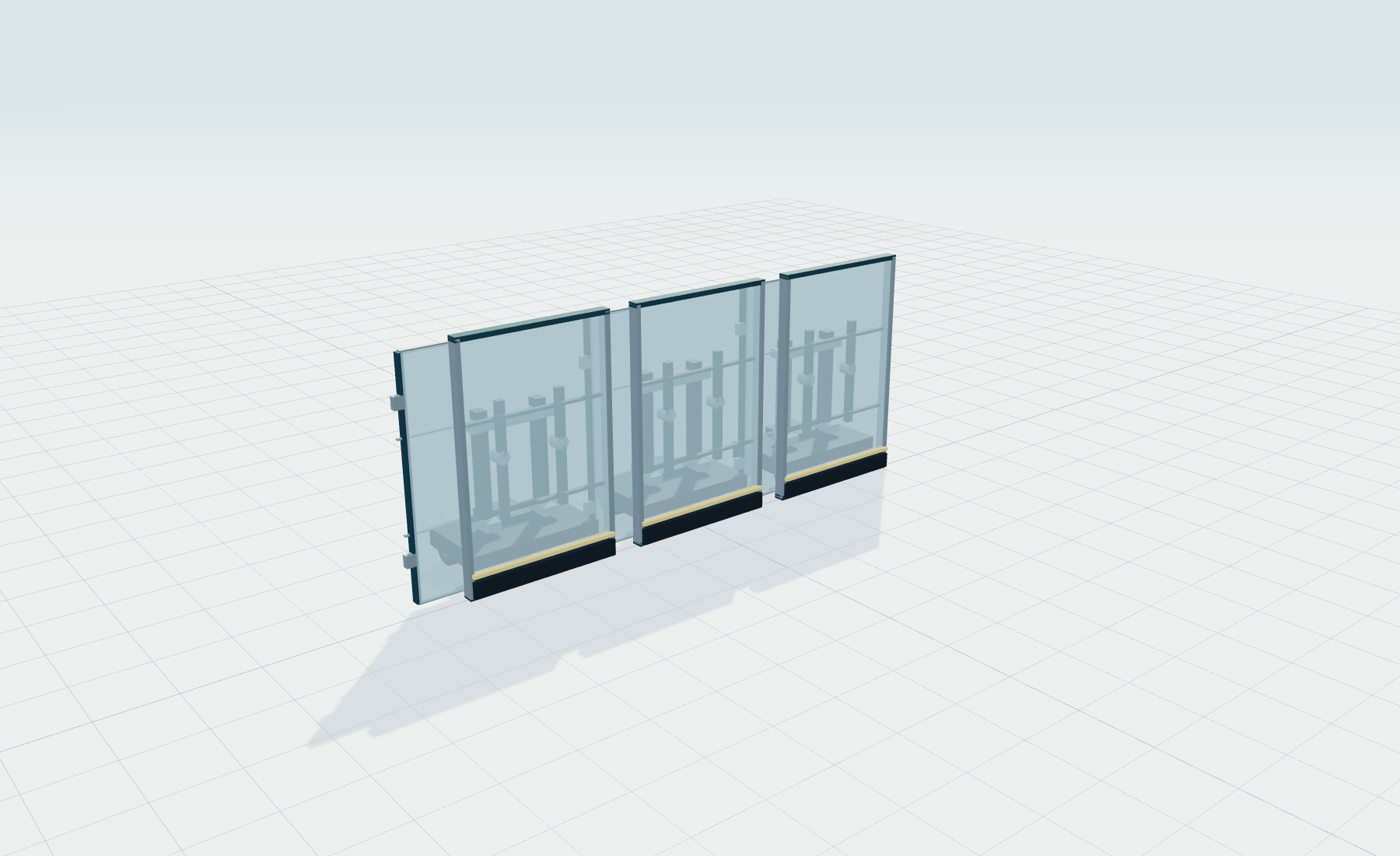 Three connected model modules shown in an empty geometric scene