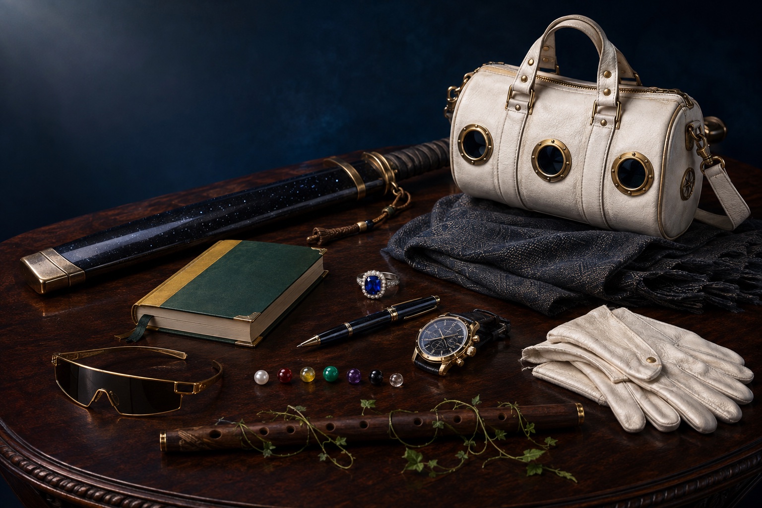 A white porthole bag, sapphire ring, slate cloak, pen, watch, green guidebook, sheathed sword, white gloves, seven colored pearls, dark glasses and a vine-wrapped walnut flute on a mahogany table.