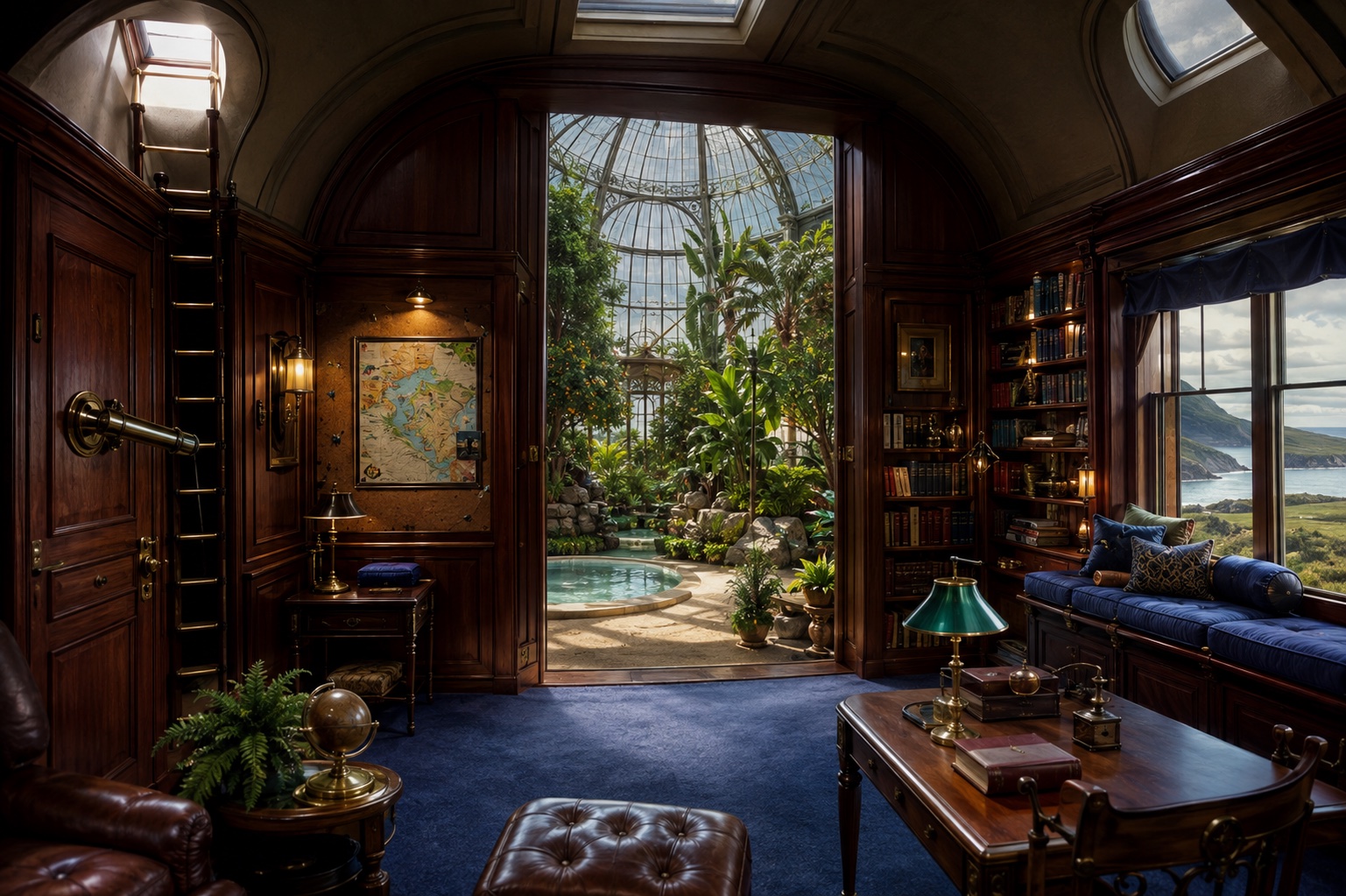 A mahogany library with blue carpet and a coastal bay window opens into a tall glass greenhouse with trees and a pool.