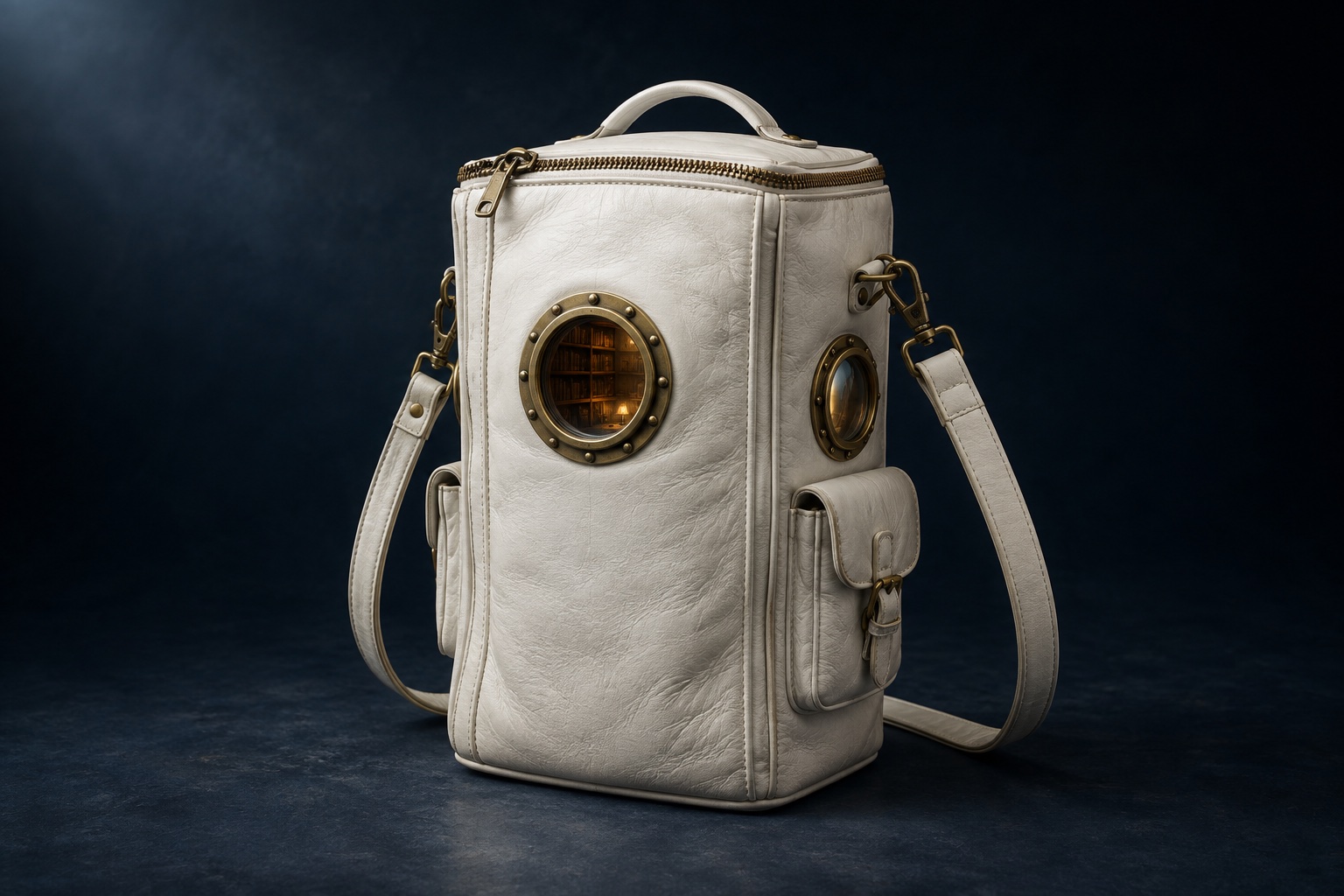 A tall white leather bag with brass fittings, two pockets and miniature portholes; a warm library is visible through one porthole.