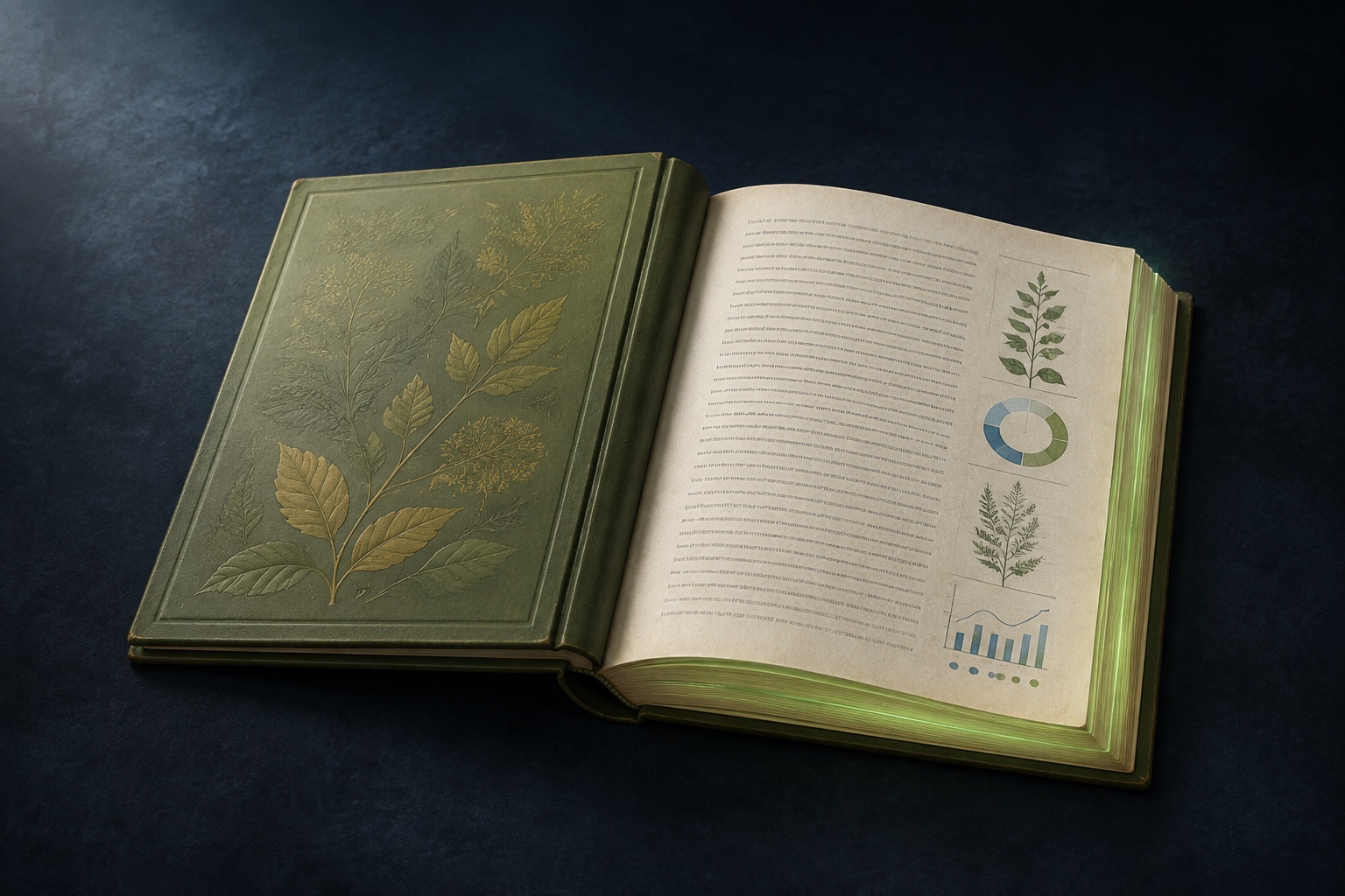 A small green-and-yellow hardbound book lies open, with fine lines of text, botanical figures and environmental charts.