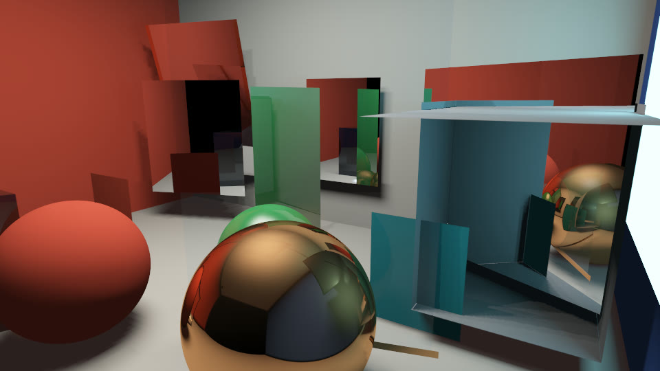 Oblique view through three mirrors and colored glass-like surfaces under cyan and white emitters